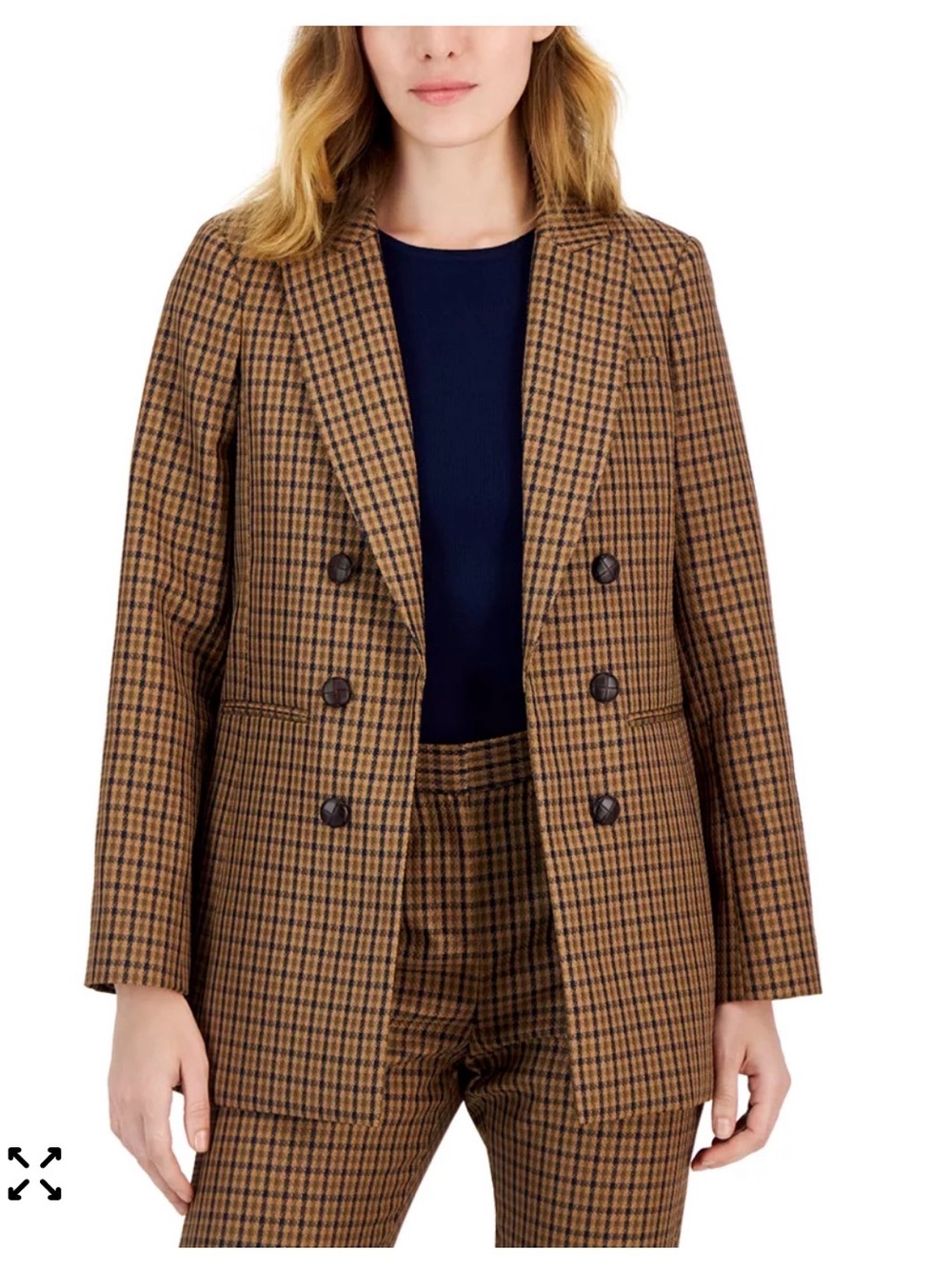 Tahari ASL Houndstooth Boyfriend Blazer Size 6 Camel Brown Double Breasted NWT